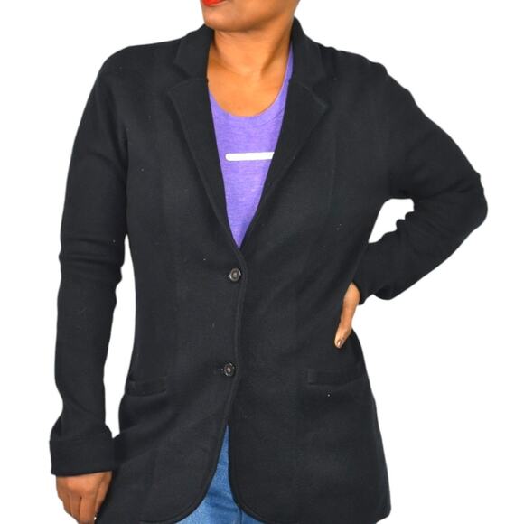 J Crew Factory Sweater Blazer Black Cardigan Knit Collared Cotton Pockets Medium - Picture 1 of 16